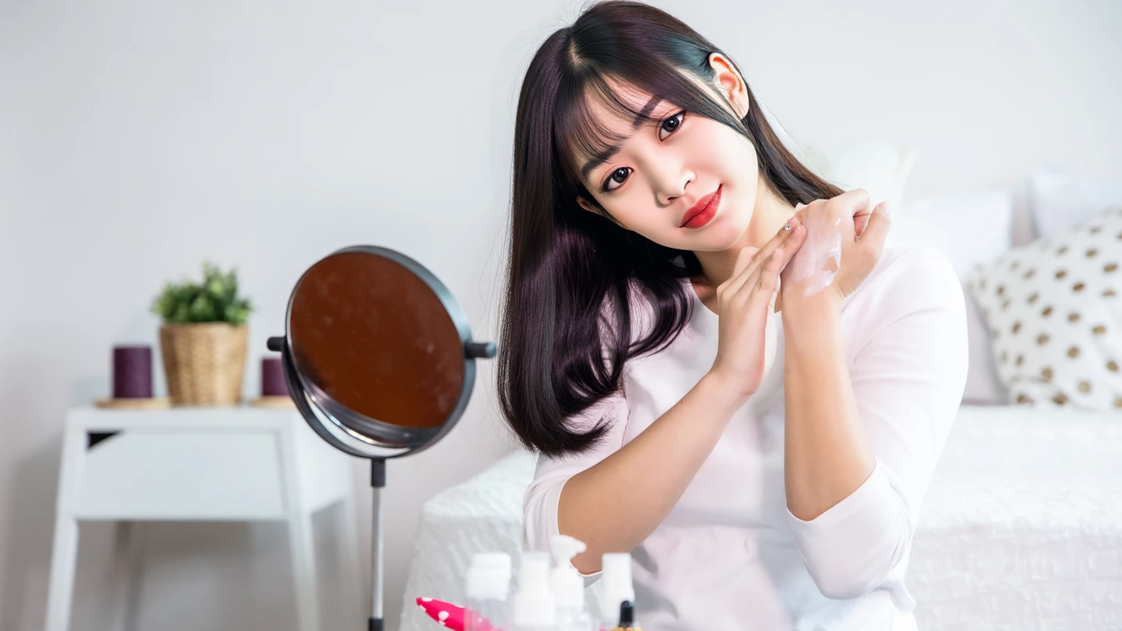Portrait of young Asian woman applying cosmetic at home.